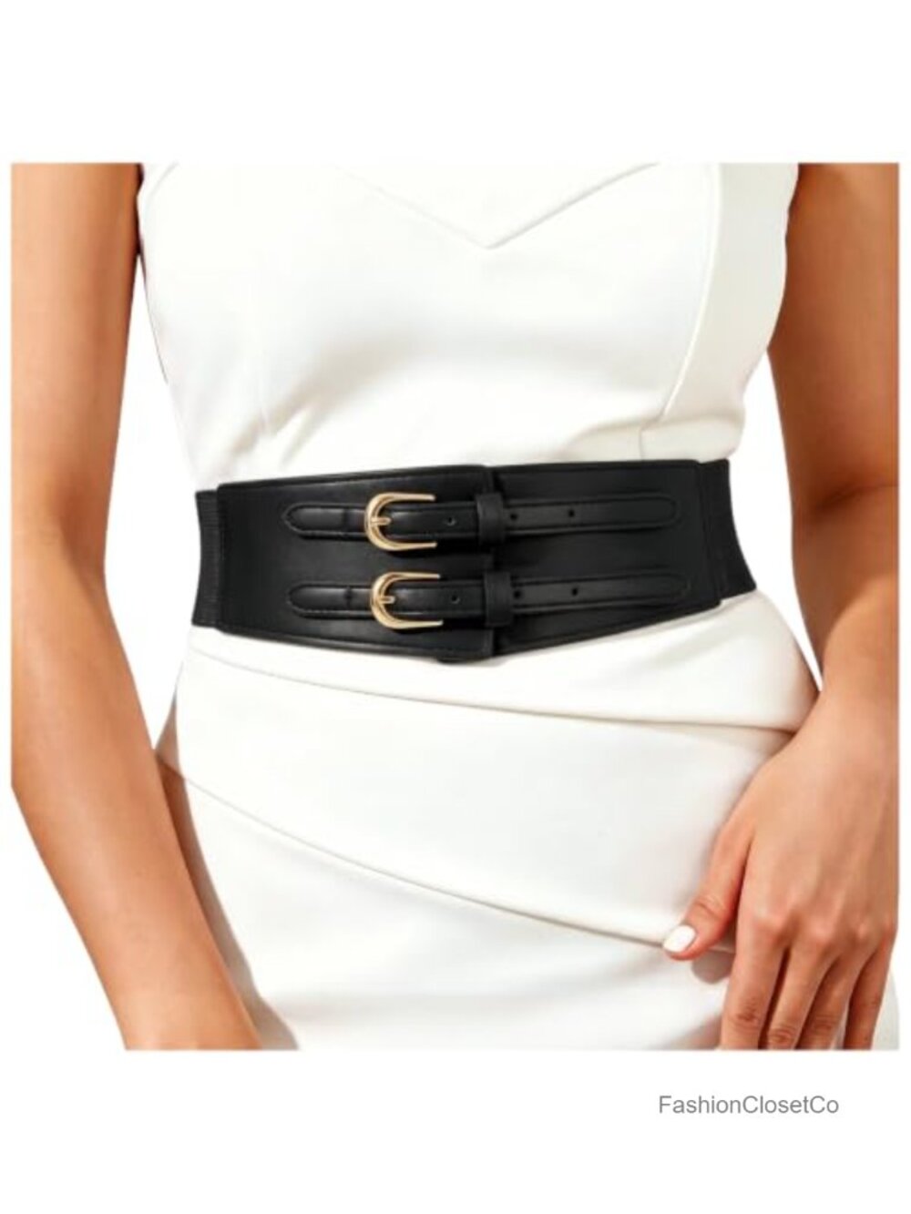 Women Wide Elastic PU Leather Waist Belt with Double Gold Buckle Corset Wrap